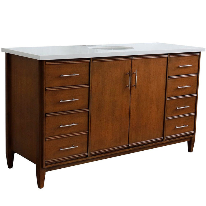 Bellaterra Home MCM 61" 2-Door 6-Drawer Walnut Freestanding Vanity Set With Ceramic Undermount Oval Sink and White Quartz Top - Luxe Vanity & Tub