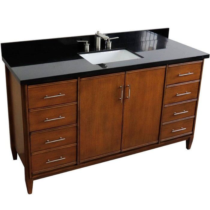 Bellaterra Home MCM 61" 2-Door 6-Drawer Walnut Freestanding Vanity Set With Ceramic Undermount Rectangular Sink and Black Galaxy Granite Top - Luxe Vanity & Tub