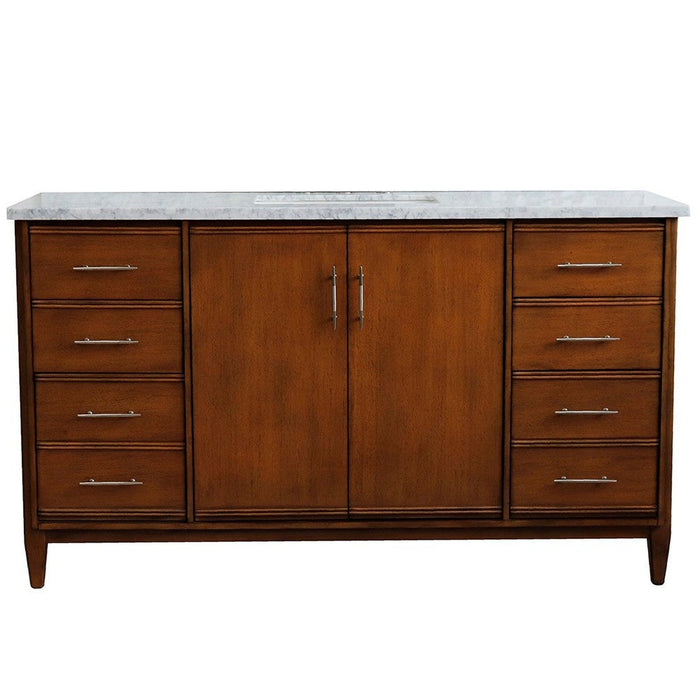 Bellaterra Home MCM 61" 2-Door 6-Drawer Walnut Freestanding Vanity Set With Ceramic Undermount Rectangular Sink and White Carrara Marble Top - Luxe Vanity & Tub