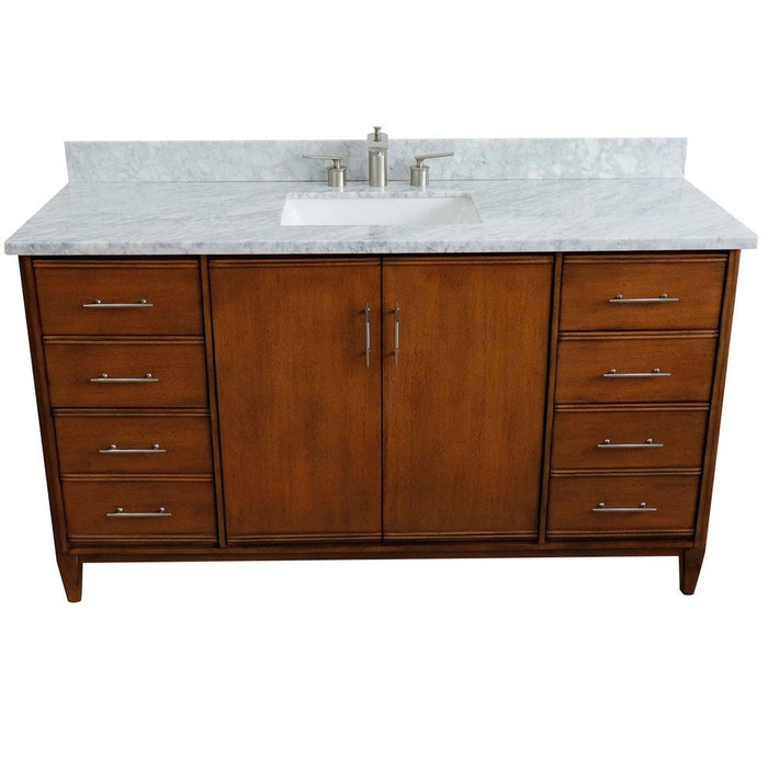 Bellaterra Home MCM 61" 2-Door 6-Drawer Walnut Freestanding Vanity Set With Ceramic Undermount Rectangular Sink and White Carrara Marble Top - Luxe Vanity & Tub