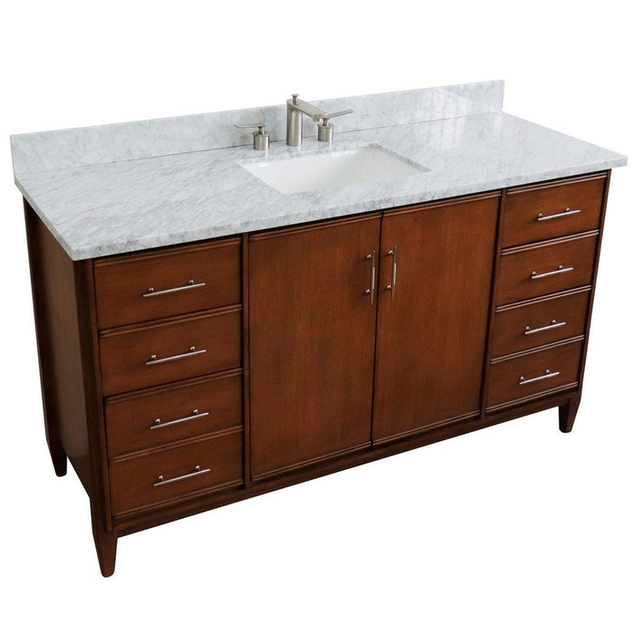 Bellaterra Home MCM 61" 2-Door 6-Drawer Walnut Freestanding Vanity Set With Ceramic Undermount Rectangular Sink and White Carrara Marble Top - Luxe Vanity & Tub