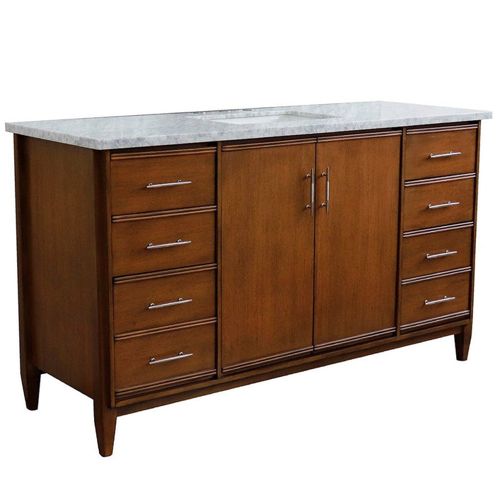 Bellaterra Home MCM 61" 2-Door 6-Drawer Walnut Freestanding Vanity Set With Ceramic Undermount Rectangular Sink and White Carrara Marble Top - Luxe Vanity & Tub