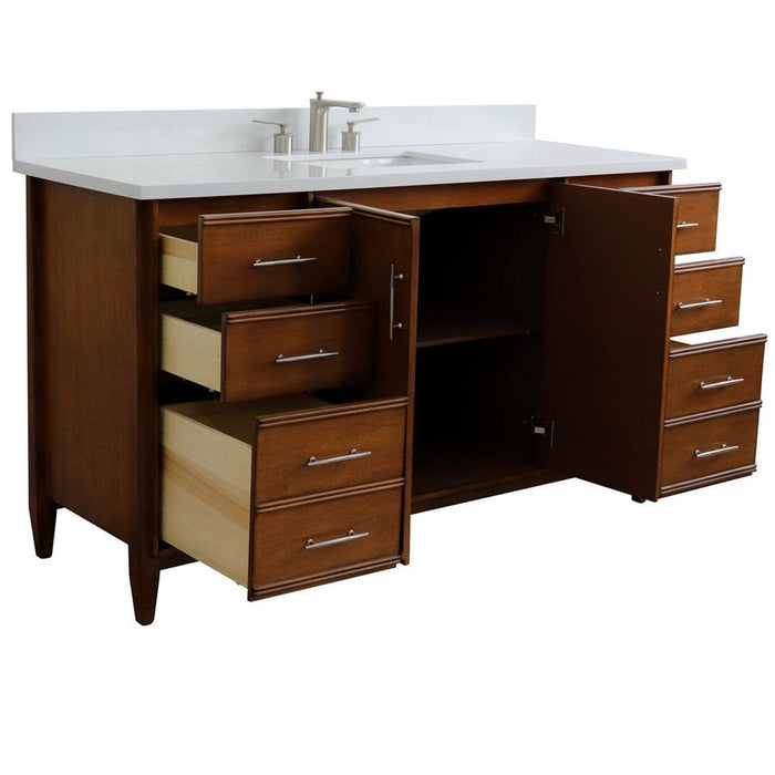 Bellaterra Home MCM 61" 2-Door 6-Drawer Walnut Freestanding Vanity Set With Ceramic Undermount Rectangular Sink and White Quartz Top - Luxe Vanity & Tub