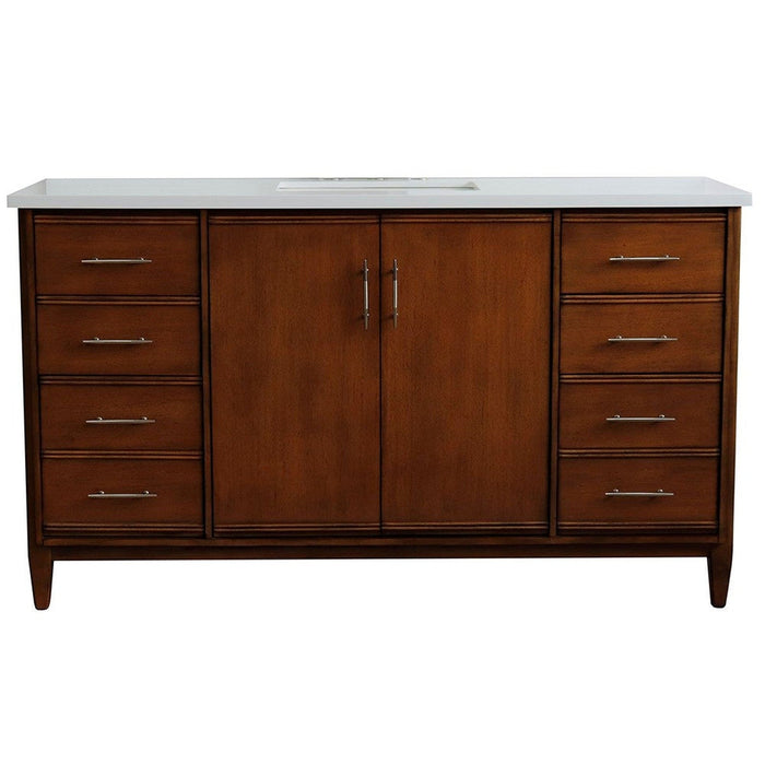 Bellaterra Home MCM 61" 2-Door 6-Drawer Walnut Freestanding Vanity Set With Ceramic Undermount Rectangular Sink and White Quartz Top - Luxe Vanity & Tub