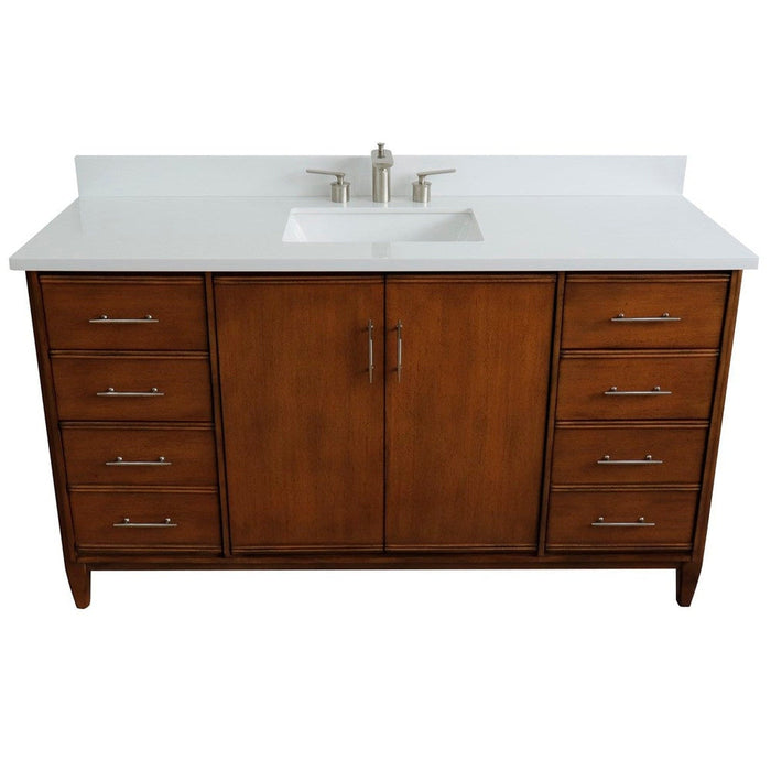 Bellaterra Home MCM 61" 2-Door 6-Drawer Walnut Freestanding Vanity Set With Ceramic Undermount Rectangular Sink and White Quartz Top - Luxe Vanity & Tub