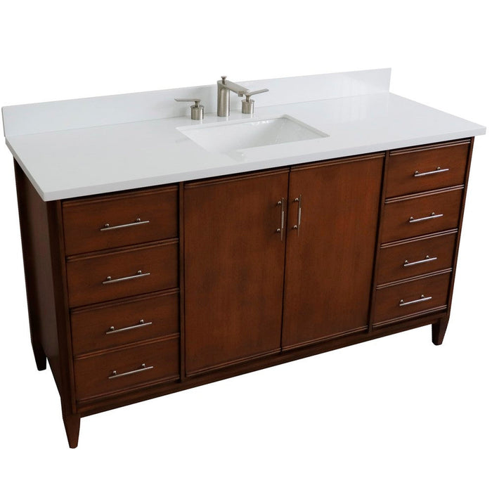 Bellaterra Home MCM 61" 2-Door 6-Drawer Walnut Freestanding Vanity Set With Ceramic Undermount Rectangular Sink and White Quartz Top - Luxe Vanity & Tub