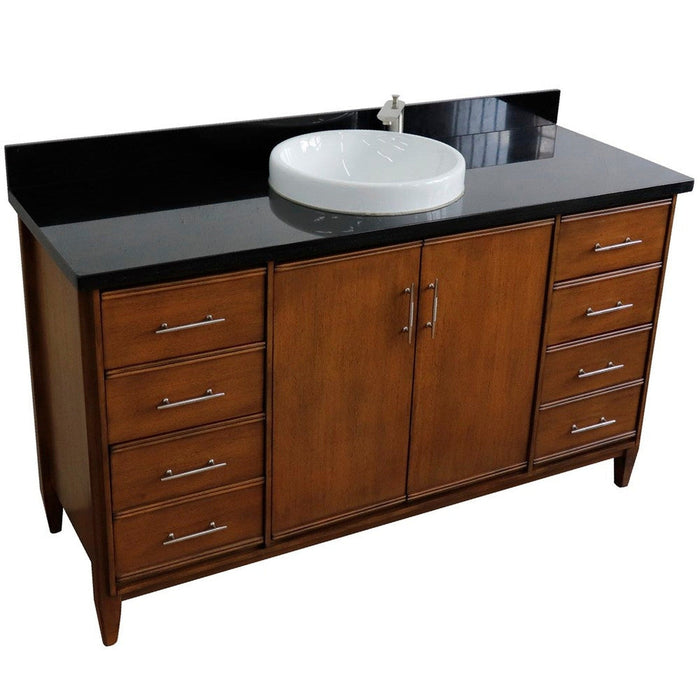 Bellaterra Home MCM 61" 2-Door 6-Drawer Walnut Freestanding Vanity Set With Ceramic Vessel Sink and Black Galaxy Granite Top - Luxe Vanity & Tub