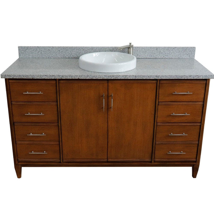 Bellaterra Home MCM 61" 2-Door 6-Drawer Walnut Freestanding Vanity Set With Ceramic Vessel Sink and Gray Granite Top - Luxe Vanity & Tub