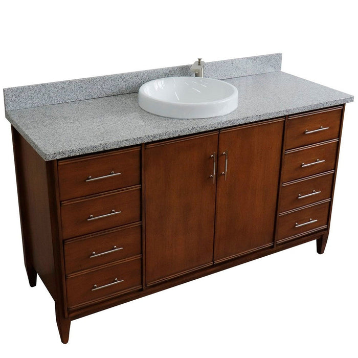 Bellaterra Home MCM 61" 2-Door 6-Drawer Walnut Freestanding Vanity Set With Ceramic Vessel Sink and Gray Granite Top - Luxe Vanity & Tub