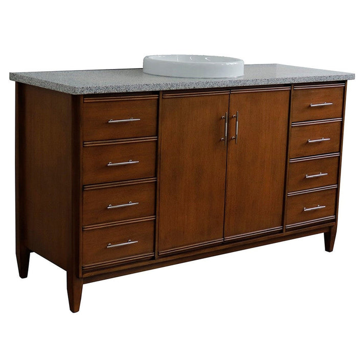 Bellaterra Home MCM 61" 2-Door 6-Drawer Walnut Freestanding Vanity Set With Ceramic Vessel Sink and Gray Granite Top - Luxe Vanity & Tub