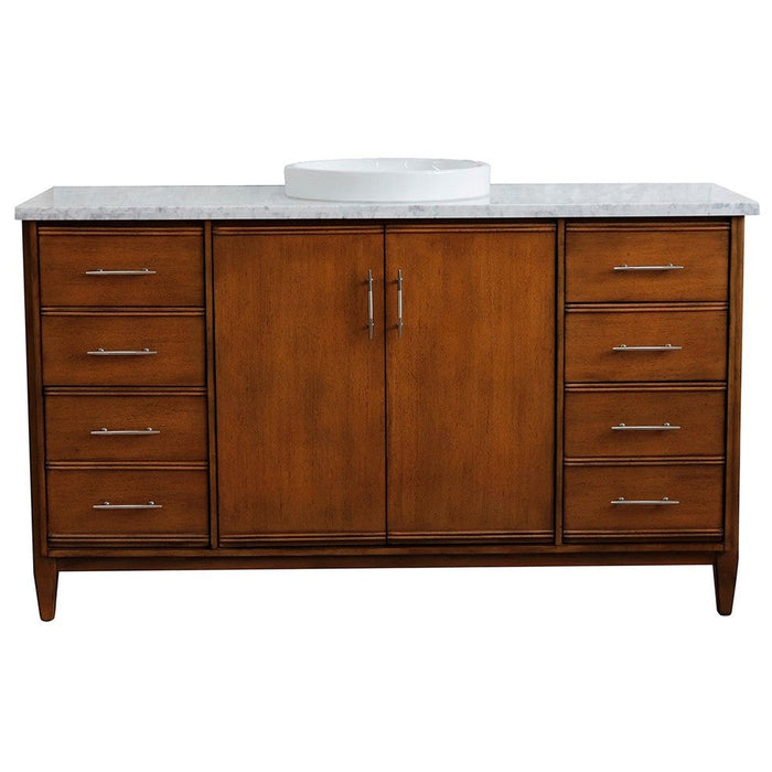 Bellaterra Home MCM 61" 2-Door 6-Drawer Walnut Freestanding Vanity Set With Ceramic Vessel Sink and White Carrara Marble Top - Luxe Vanity & Tub