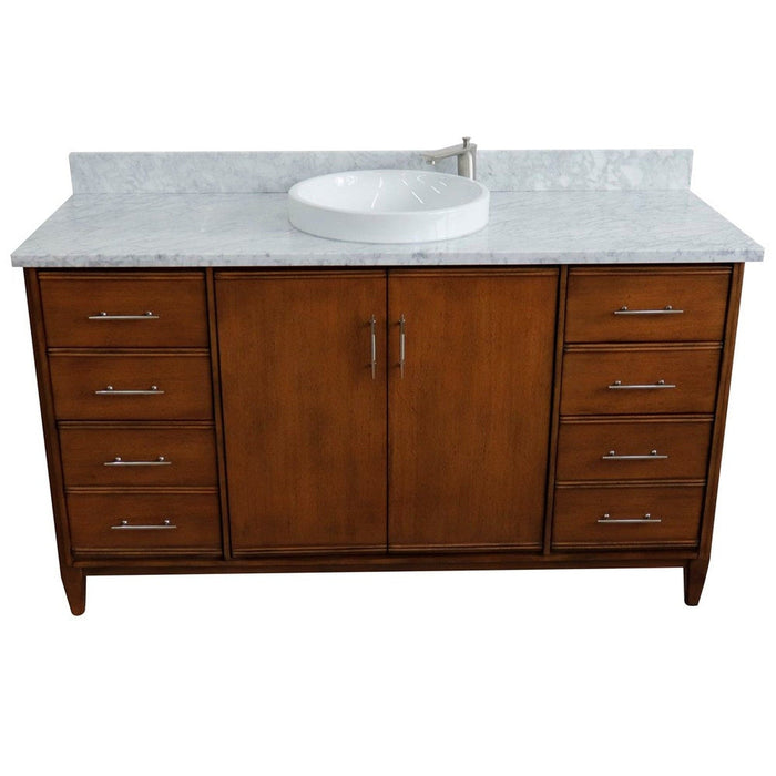 Bellaterra Home MCM 61" 2-Door 6-Drawer Walnut Freestanding Vanity Set With Ceramic Vessel Sink and White Carrara Marble Top - Luxe Vanity & Tub