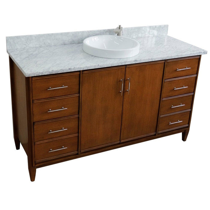 Bellaterra Home MCM 61" 2-Door 6-Drawer Walnut Freestanding Vanity Set With Ceramic Vessel Sink and White Carrara Marble Top - Luxe Vanity & Tub