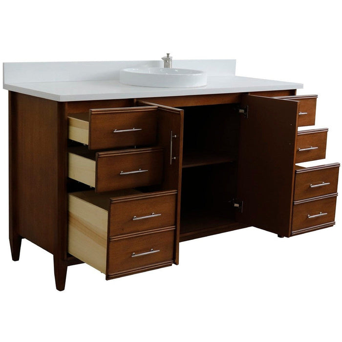 Bellaterra Home MCM 61" 2-Door 6-Drawer Walnut Freestanding Vanity Set With Ceramic Vessel Sink and White Quartz Top - Luxe Vanity & Tub