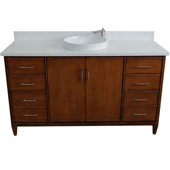 Bellaterra Home MCM 61" 2-Door 6-Drawer Walnut Freestanding Vanity Set With Ceramic Vessel Sink and White Quartz Top - Luxe Vanity & Tub