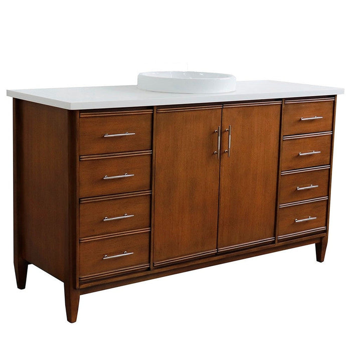 Bellaterra Home MCM 61" 2-Door 6-Drawer Walnut Freestanding Vanity Set With Ceramic Vessel Sink and White Quartz Top - Luxe Vanity & Tub