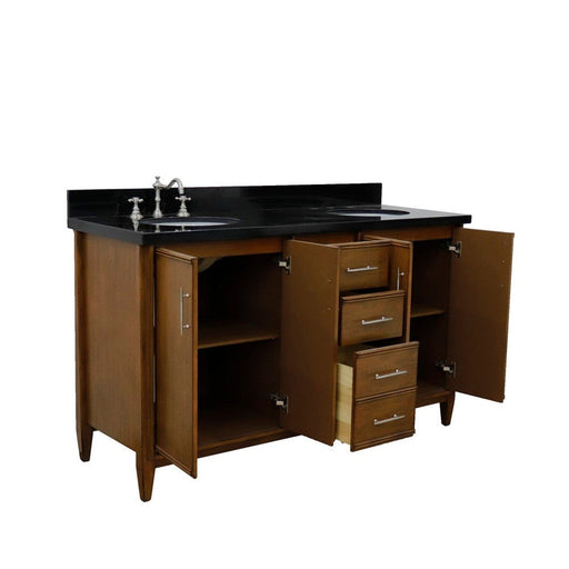 Bellaterra Home MCM 61" 4-Door 3-Drawer Walnut Freestanding Vanity Set With Ceramic Double Undermount Oval Sink and Black Galaxy Granite Top - Luxe Vanity & Tub