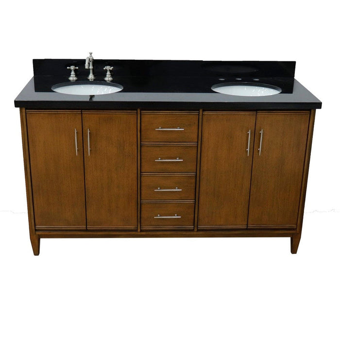 Bellaterra Home MCM 61" 4-Door 3-Drawer Walnut Freestanding Vanity Set With Ceramic Double Undermount Oval Sink and Black Galaxy Granite Top - Luxe Vanity & Tub