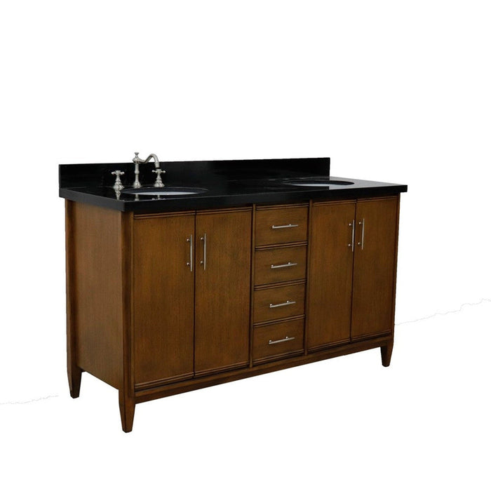 Bellaterra Home MCM 61" 4-Door 3-Drawer Walnut Freestanding Vanity Set With Ceramic Double Undermount Oval Sink and Black Galaxy Granite Top - Luxe Vanity & Tub