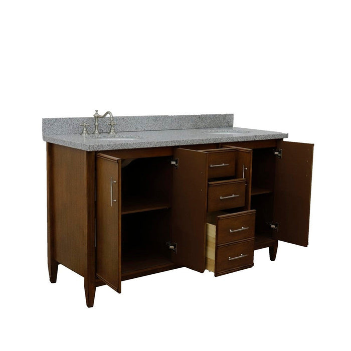 Bellaterra Home MCM 61" 4-Door 3-Drawer Walnut Freestanding Vanity Set With Ceramic Double Undermount Oval Sink and Gray Granite Top - Luxe Vanity & Tub