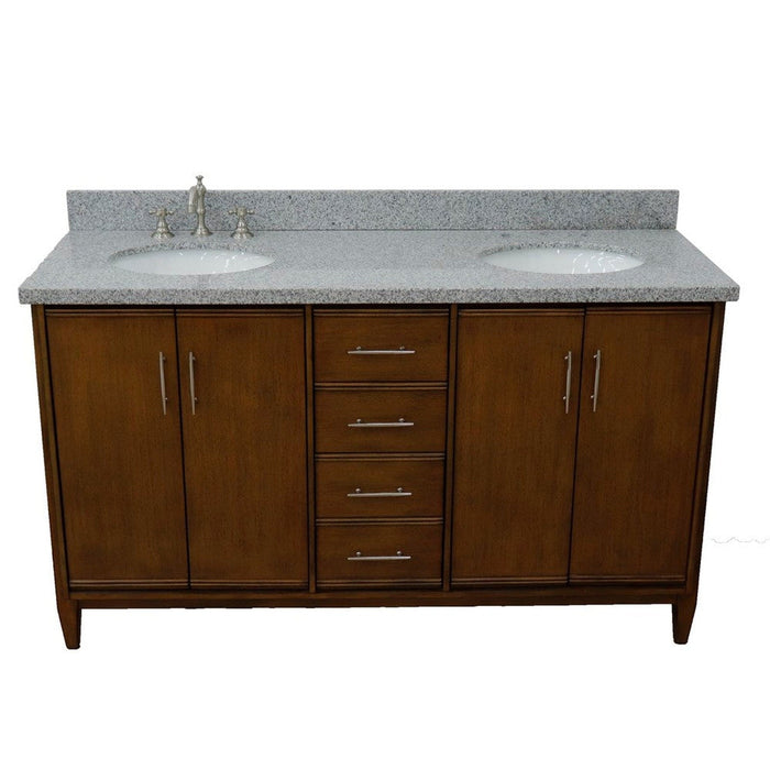 Bellaterra Home MCM 61" 4-Door 3-Drawer Walnut Freestanding Vanity Set With Ceramic Double Undermount Oval Sink and Gray Granite Top - Luxe Vanity & Tub