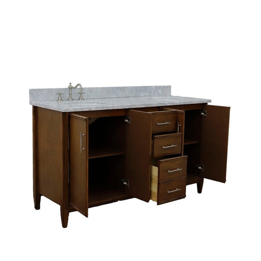 Bellaterra Home MCM 61" 4-Door 3-Drawer Walnut Freestanding Vanity Set With Ceramic Double Undermount Oval Sink and White Carrara Marble Top - Luxe Vanity & Tub