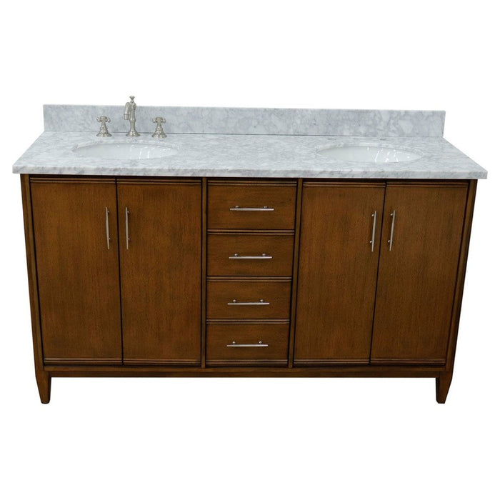 Bellaterra Home MCM 61" 4-Door 3-Drawer Walnut Freestanding Vanity Set With Ceramic Double Undermount Oval Sink and White Carrara Marble Top - Luxe Vanity & Tub