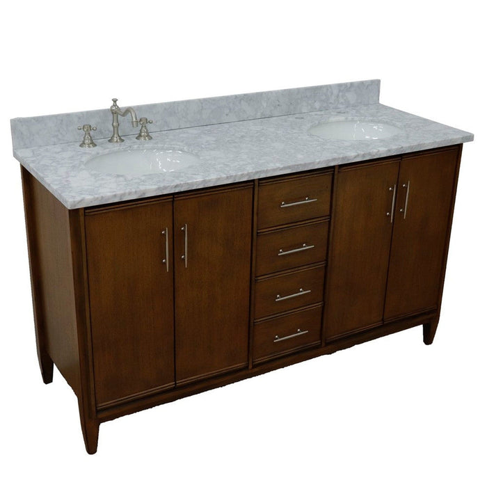 Bellaterra Home MCM 61" 4-Door 3-Drawer Walnut Freestanding Vanity Set With Ceramic Double Undermount Oval Sink and White Carrara Marble Top - Luxe Vanity & Tub