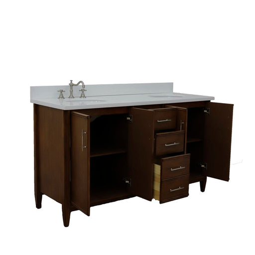 Bellaterra Home MCM 61" 4-Door 3-Drawer Walnut Freestanding Vanity Set With Ceramic Double Undermount Oval Sink and White Quartz Top - Luxe Vanity & Tub