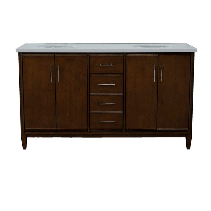 Bellaterra Home MCM 61" 4-Door 3-Drawer Walnut Freestanding Vanity Set With Ceramic Double Undermount Oval Sink and White Quartz Top - Luxe Vanity & Tub