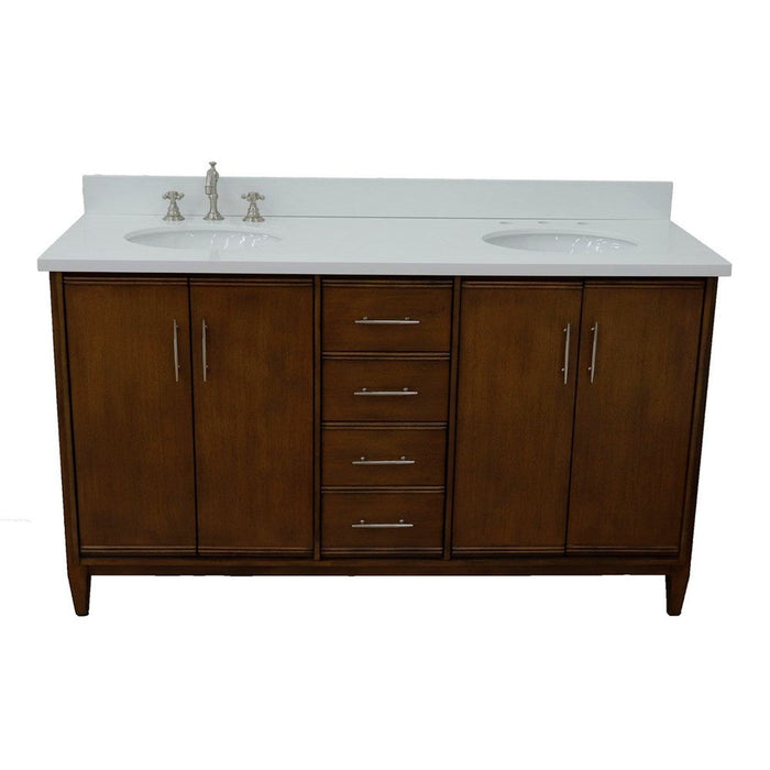 Bellaterra Home MCM 61" 4-Door 3-Drawer Walnut Freestanding Vanity Set With Ceramic Double Undermount Oval Sink and White Quartz Top - Luxe Vanity & Tub