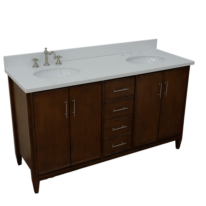 Bellaterra Home MCM 61" 4-Door 3-Drawer Walnut Freestanding Vanity Set With Ceramic Double Undermount Oval Sink and White Quartz Top - Luxe Vanity & Tub