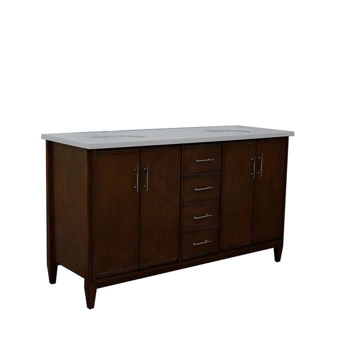 Bellaterra Home MCM 61" 4-Door 3-Drawer Walnut Freestanding Vanity Set With Ceramic Double Undermount Oval Sink and White Quartz Top - Luxe Vanity & Tub