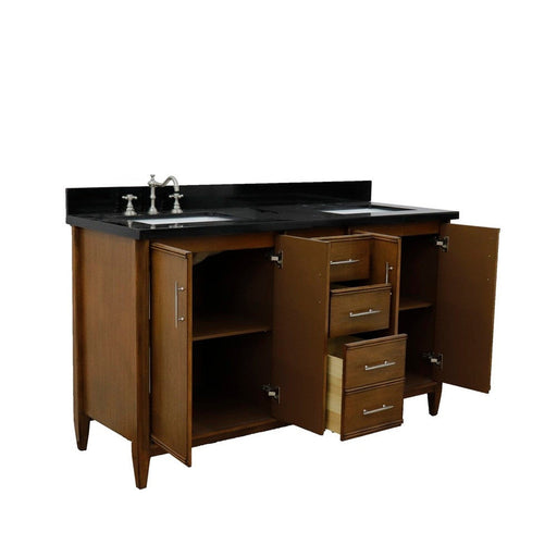 Bellaterra Home MCM 61" 4-Door 3-Drawer Walnut Freestanding Vanity Set With Ceramic Double Undermount Rectangular Sink and Black Galaxy Granite Top - Luxe Vanity & Tub