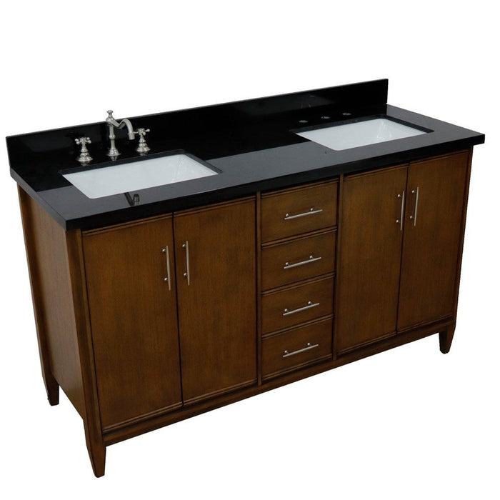 Bellaterra Home MCM 61" 4-Door 3-Drawer Walnut Freestanding Vanity Set With Ceramic Double Undermount Rectangular Sink and Black Galaxy Granite Top - Luxe Vanity & Tub