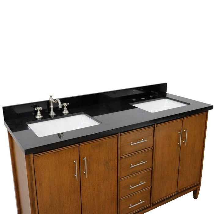 Bellaterra Home MCM 61" 4-Door 3-Drawer Walnut Freestanding Vanity Set With Ceramic Double Undermount Rectangular Sink and Black Galaxy Granite Top - Luxe Vanity & Tub