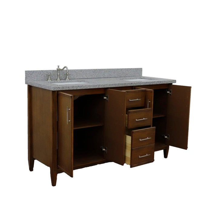 Bellaterra Home MCM 61" 4-Door 3-Drawer Walnut Freestanding Vanity Set With Ceramic Double Undermount Rectangular Sink and Gray Granite Top - Luxe Vanity & Tub