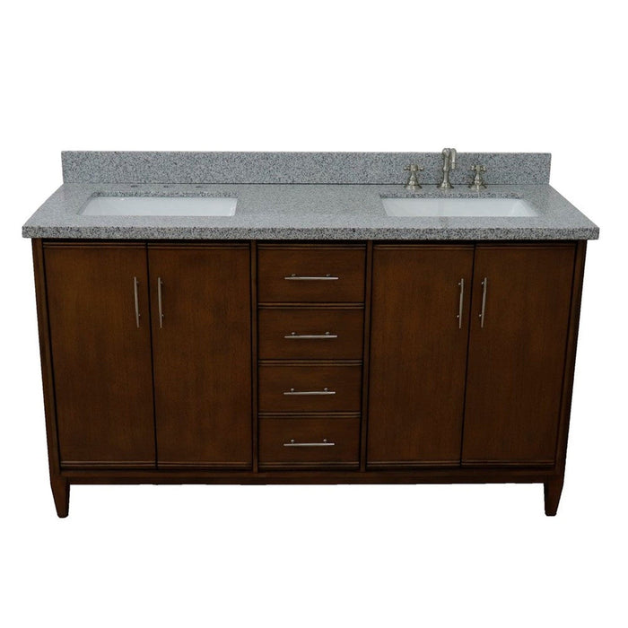 Bellaterra Home MCM 61" 4-Door 3-Drawer Walnut Freestanding Vanity Set With Ceramic Double Undermount Rectangular Sink and Gray Granite Top - Luxe Vanity & Tub