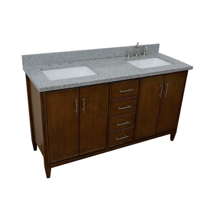 Bellaterra Home MCM 61" 4-Door 3-Drawer Walnut Freestanding Vanity Set With Ceramic Double Undermount Rectangular Sink and Gray Granite Top - Luxe Vanity & Tub