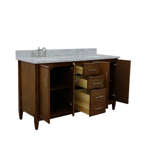 Bellaterra Home MCM 61" 4-Door 3-Drawer Walnut Freestanding Vanity Set With Ceramic Double Undermount Rectangular Sink and White Carrara Marble Top - Luxe Vanity & Tub