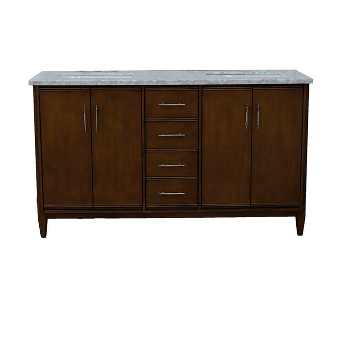 Bellaterra Home MCM 61" 4-Door 3-Drawer Walnut Freestanding Vanity Set With Ceramic Double Undermount Rectangular Sink and White Carrara Marble Top - Luxe Vanity & Tub