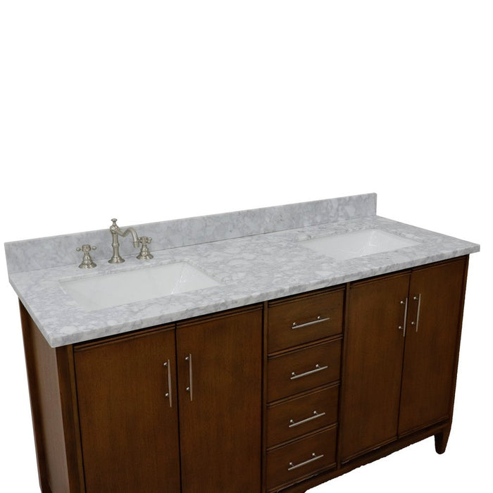 Bellaterra Home MCM 61" 4-Door 3-Drawer Walnut Freestanding Vanity Set With Ceramic Double Undermount Rectangular Sink and White Carrara Marble Top - Luxe Vanity & Tub