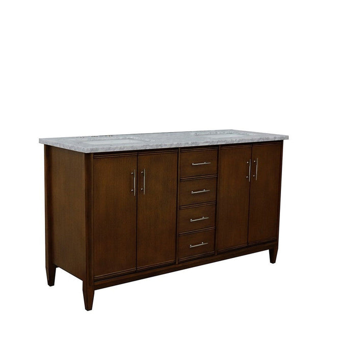 Bellaterra Home MCM 61" 4-Door 3-Drawer Walnut Freestanding Vanity Set With Ceramic Double Undermount Rectangular Sink and White Carrara Marble Top - Luxe Vanity & Tub