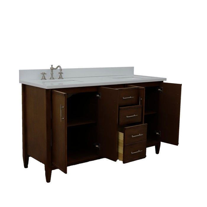 Bellaterra Home MCM 61" 4-Door 3-Drawer Walnut Freestanding Vanity Set With Ceramic Double Undermount Rectangular Sink and White Quartz Top - Luxe Vanity & Tub