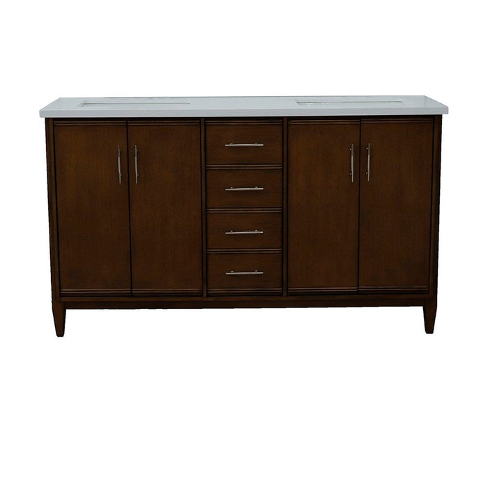 Bellaterra Home MCM 61" 4-Door 3-Drawer Walnut Freestanding Vanity Set With Ceramic Double Undermount Rectangular Sink and White Quartz Top - Luxe Vanity & Tub