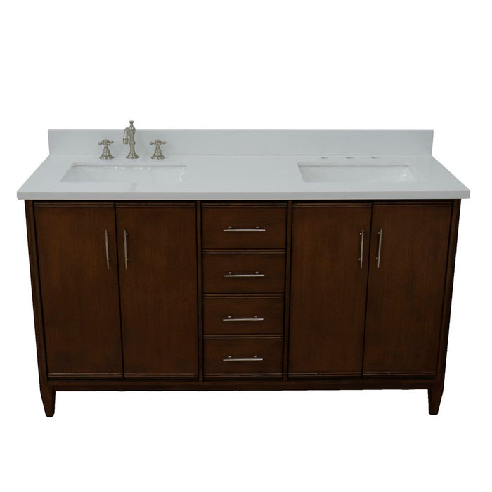 Bellaterra Home MCM 61" 4-Door 3-Drawer Walnut Freestanding Vanity Set With Ceramic Double Undermount Rectangular Sink and White Quartz Top - Luxe Vanity & Tub