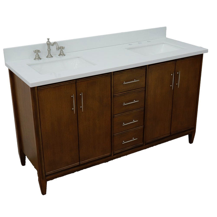 Bellaterra Home MCM 61" 4-Door 3-Drawer Walnut Freestanding Vanity Set With Ceramic Double Undermount Rectangular Sink and White Quartz Top - Luxe Vanity & Tub