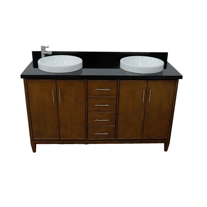 Bellaterra Home MCM 61" 4-Door 3-Drawer Walnut Freestanding Vanity Set With Ceramic Double Vessel Sink and Black Galaxy Granite Top - Luxe Vanity & Tub