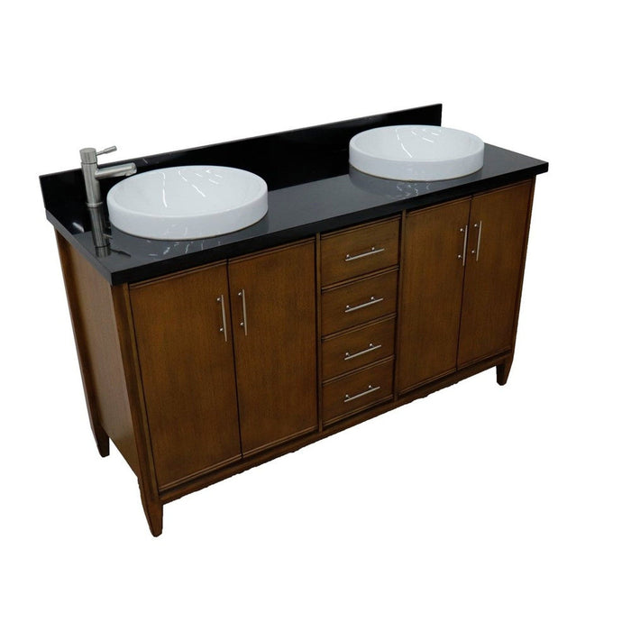 Bellaterra Home MCM 61" 4-Door 3-Drawer Walnut Freestanding Vanity Set With Ceramic Double Vessel Sink and Black Galaxy Granite Top - Luxe Vanity & Tub