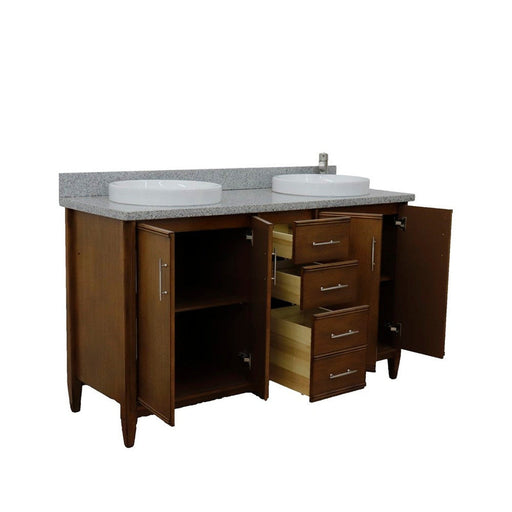 Bellaterra Home MCM 61" 4-Door 3-Drawer Walnut Freestanding Vanity Set With Ceramic Double Vessel Sink and Gray Granite Top - Luxe Vanity & Tub